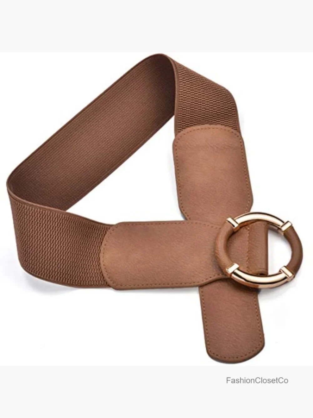 Stretchy Wide Waist PU Leather Elastic Dress Belt with Gold Buckle